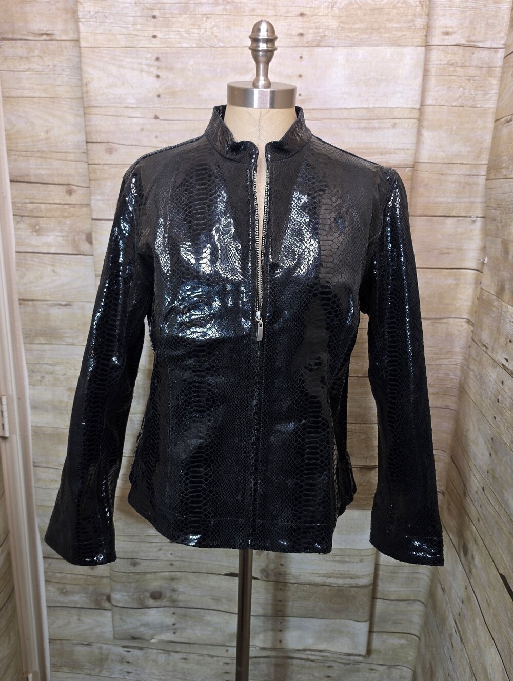 Shiny Black Leather Faux-Snake Zip-Up Jacket